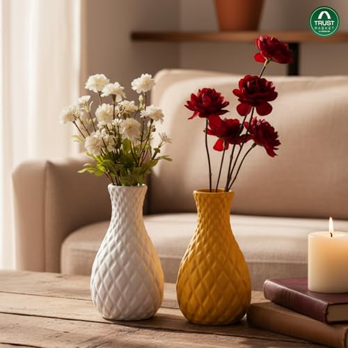 Image of TrustBasket Serenity Flower Vase White Yellow Set of 2 Decorative Plastic Table Accent for Living Room Bedroom Dining Table, Modern Home Decor Display for Fresh or Artificial Flower