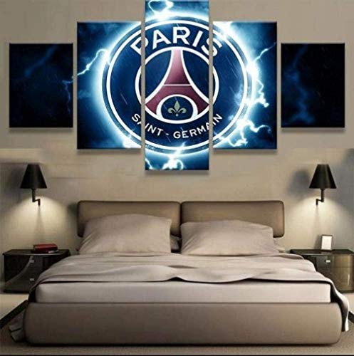 bnkrtopsu 5 pièces Photo sur Toile 5 Sets de Tableaux imprimés Haute définition Art déco et Affiches Ballon de Football Paris Saint-Germain Thunder Logo (150x80cm sans Cadre)