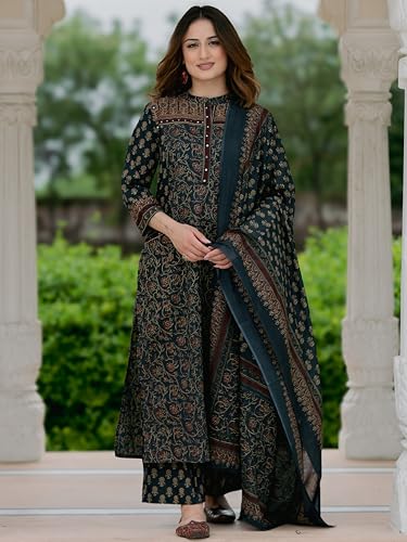 Image of Arayna Women's Cotton Printed Kurta Set with Palazzo Pants and Dupatta | Ethnic Straight Kurta