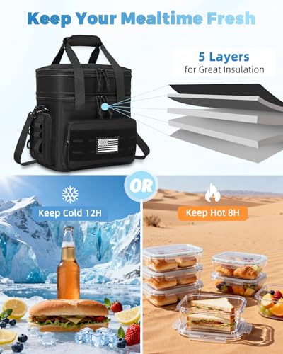Image of holuxer Tactical Lunch Bag & Lunch Box for Men - Large Double Deck Expandable Insulated Soft Adult Lunchbox for Work - Cooler Bag for Beach, Picnic, Camping,Outdoor,Travel (Black,16L)