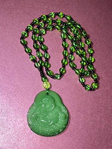 Laughing Buddha Green Jade Stabilized Turquoise Pendant 30"Black White Bead Necklace Carved Long Large Boho Chain Genuine Certified Grade A Jadeite Hand Crafted, Jade Medallion3
