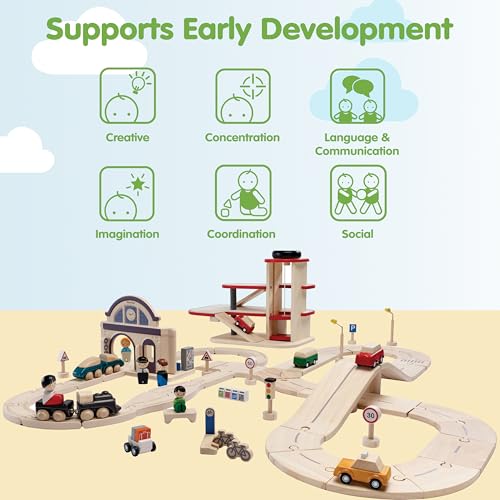 Image of PlanToys Wooden City Transit Rail & Road Playset Montessori Kids Building | wooden train, toy cars, tracks, girls, boys, transport systems, imaginative problem solving gift preschool learning cute