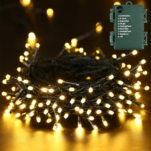 BrizLabs Luces Navidad Exterior, 20M 200 LED Blanco Cálido Decoración Navidad Cadena de Luces con Pilas Interior 8 Modos Impermeable Guirnalda Luces para Jardín Balcón Casa Bodas Fiestas Patio