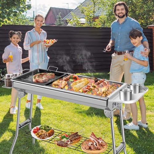 Holzkohlegrill XXL für 5-10 Personen, Klappgrill, Campinggrill, edelstahlbezogene Antihaft-Pfanne