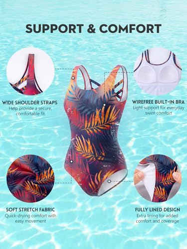 Image of American Trends Athletic One Piece Swimsuits for Women Modest Bathing Suits Criss Cross Back Water Aerobics Swimwear