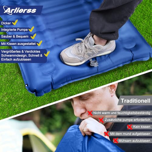 Arlierss Isomatte, 12CM Dicke Luftmatratze Camping mit Fußpresse Pumpe und Kissen, Anti-Ripstop Tragbar Schlafmatte Outdoor für Wandern, Reise, Strand-Blau