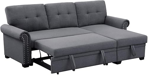 Alexent Sofá cama reversible de tela con diván de almacenamiento en gris oscuro