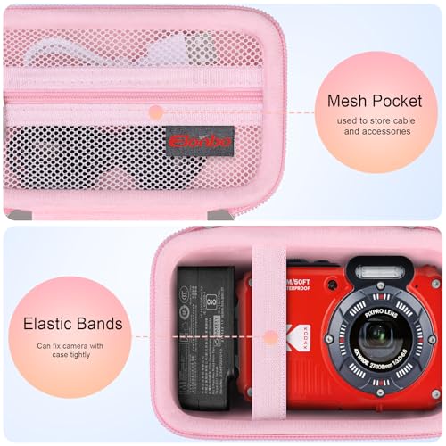 Image of Elonbo Camera Carrying Case for Kodak PIXPRO WPZ2 Waterproof Digital Camera | Camera Carrying Case, Hard Bag, with Mesh Pocket Wrist Strap Double Zipper, for Vlogging, Travel Protective Storage, Pink