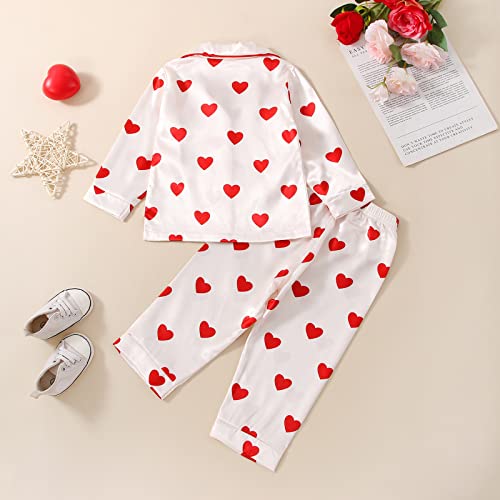 FIOMVA Kids Toddler Girl Valentine's Day Pajamas Set Bow Heart Button Down Shirt Top Pants 2Pcs Sleepwear Pjs for Girls3