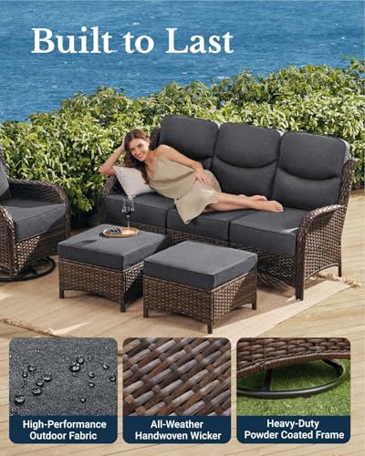 HILLGA Luxury Patio Furniture Set with 6-inch Thick Cushion, Outdoor Couch and High Back Swivel Rocker Patio Chairs, 7PCS Wicker Conversation Set for Deck Yard and Poolside, Dark Grey (V2)
