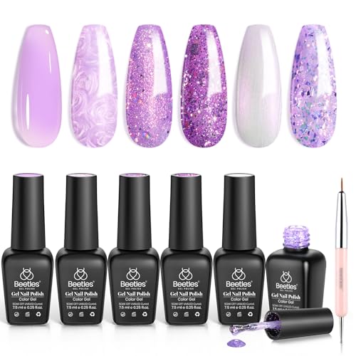 Image of Beetles Purple Gel Polish Set - 6 Color Shimmer Pearl Jelly Gel Polish | with Nail Brush Soak Off LED Lamp Swirl Shell Thread Effect DIY Manicure Gifts for Women