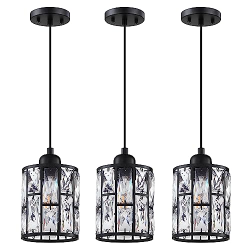 3 Pack 1 Light 5.3" Crystal Hanging Kitchen Island Pendant Light Black Finish,Concise Pendant Fixture Crystal Plate Metal Shade for Bar,Dining Room,Living Room Over Sink