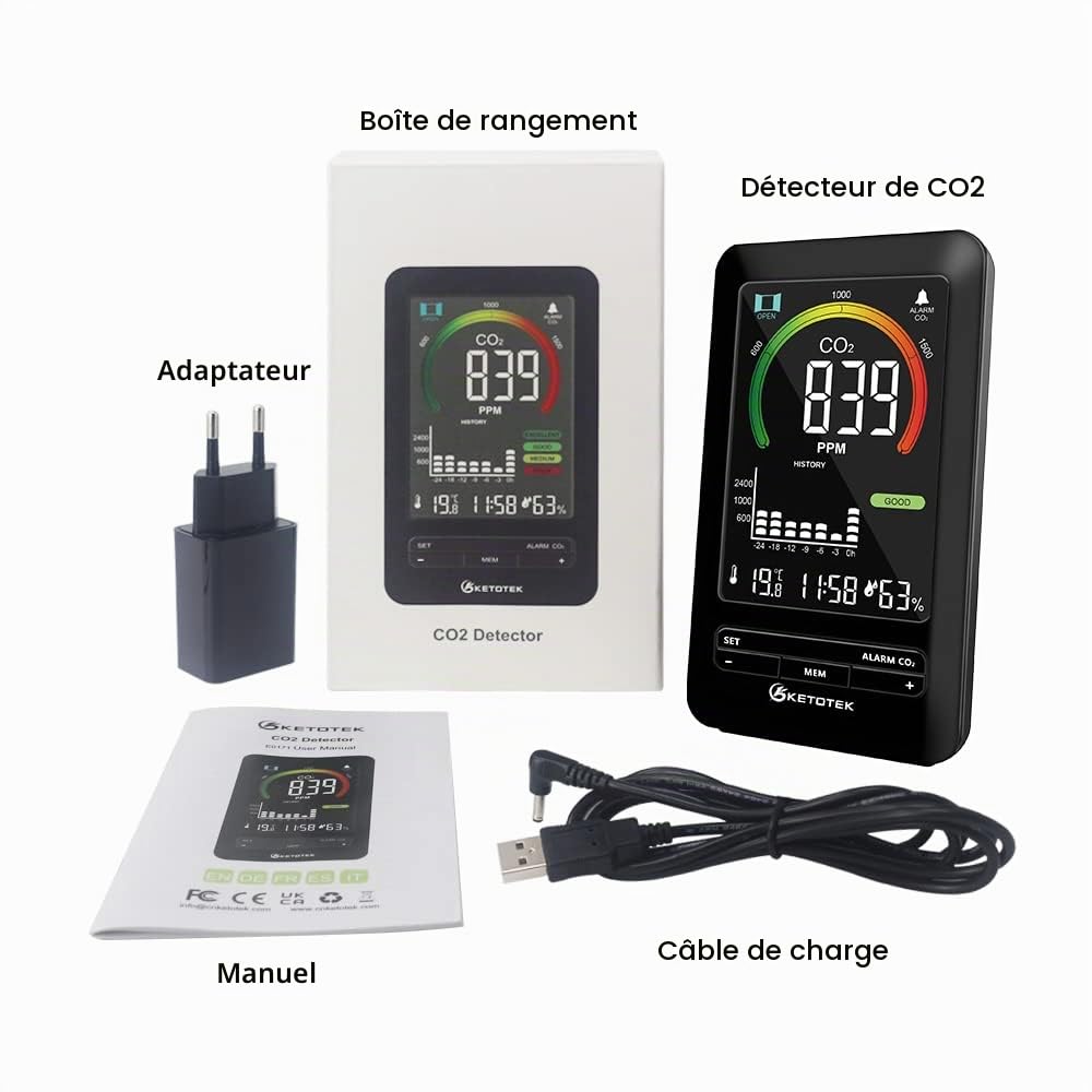 KETOTEK Detecteur CO2, Moniteur de Qualité de L'air Intérieur, Capteur CO2 avec Alarme, Détectant la Dioxyde de Carbone Température et Humidité