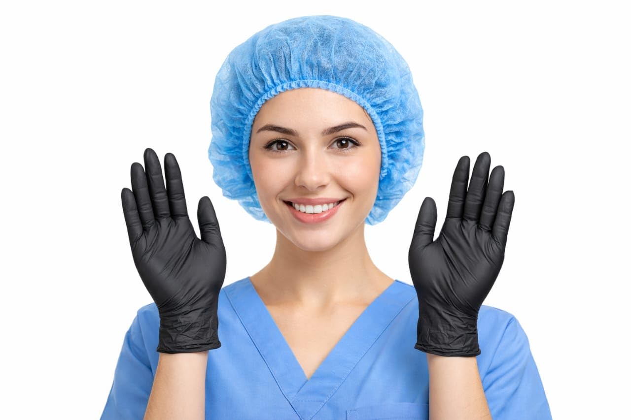 Combo Pack of 100 Blue Non-Woven Hair Caps & 20 Black Nitrile Gloves | Multipurpose Head Cover and Hand Gloves | cooking cap | cleaning gloves-image-11