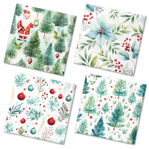 Christmas Tree Napkins-40Pcs Merry Christmas Disposable Paper Napkins Holly Cocktail Napkins for Winter Xmas Party Decorations