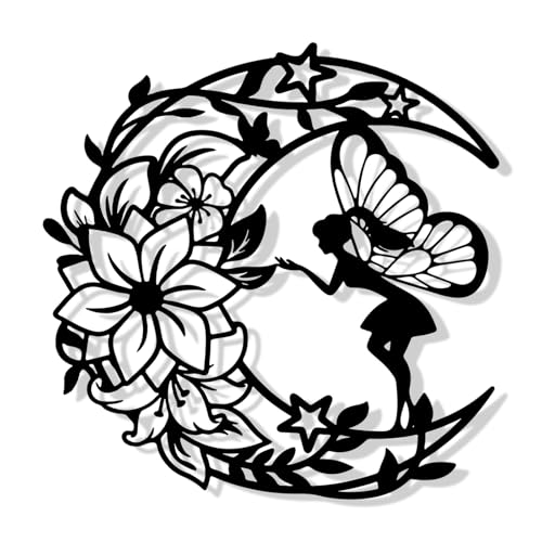 YunBey Décoration Murale Métal Noire Deco Murale en Métal de Fée de Fleur de Lune Sculptures Décoration Chambre des Filles Salon Jardin Salle de Bain (30...