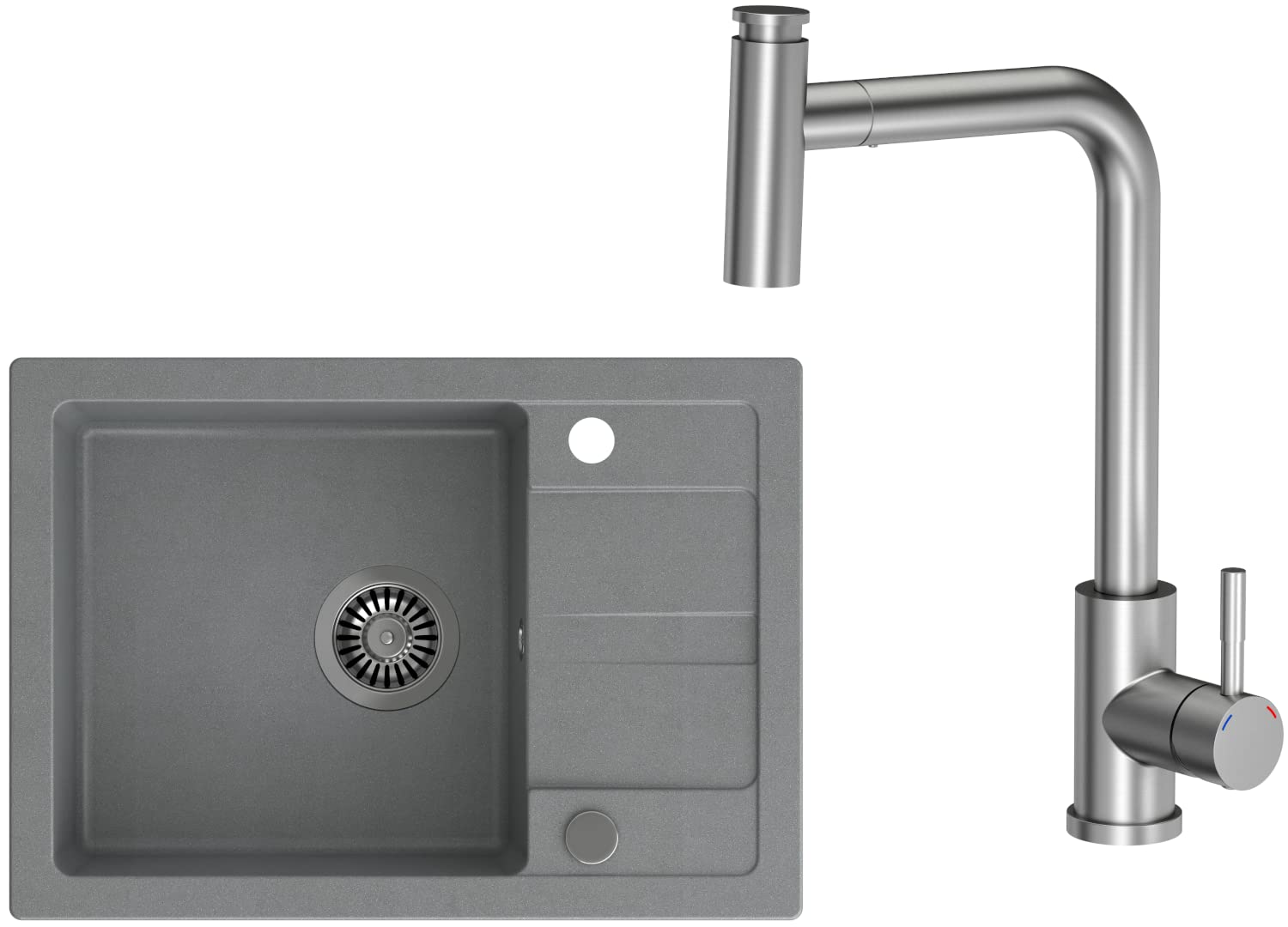 VBChome Fregadero con grifo gris 62 x 44 cm, granito, fregadero empotrado, superficie de goteo, reversible, fregadero de acero inoxidable compuesto + sifón.