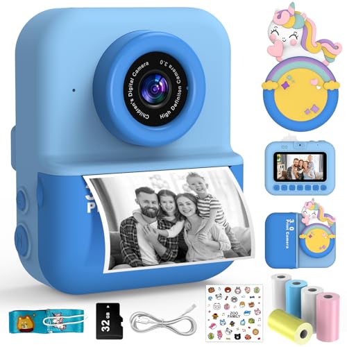 Fotocamera Istantanea Per Bambini 1080P – Stampa Termica Senza Inchiostro – Schermo 2,4” – 5 Giochi E Lettore MP3 – Set Completo Con 32GB E 3 Rotoli – Regalo 3-12 Anni