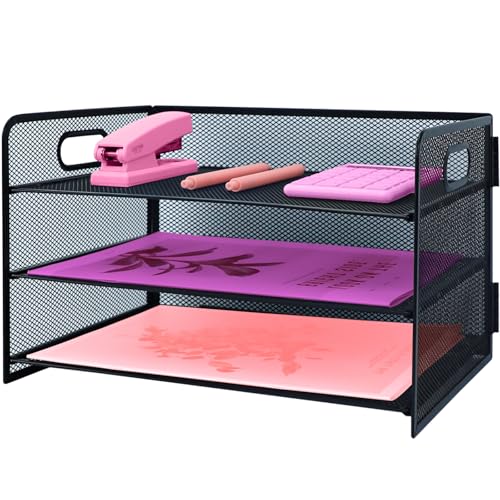 ideallife 3 Tier Mesh Desktop File Organizer with Handle, Paper Letter Tray Organiser, Desktop Storage with Sliding Trays for Home &Office Supplies