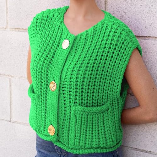 Image of YBSKG Womens Crochet Knit Top Sleeveless Button Down Crop Top Open Front Sweater Cardigan Vest with Pockets