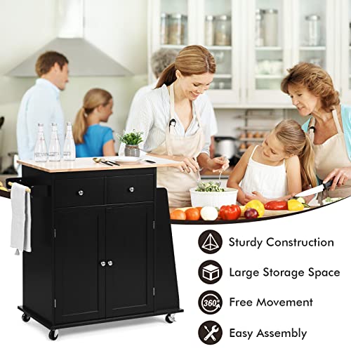 Costway Kitchen Island On Wheels, Utility Trolley Cart With Adjustable Shelf, 2 Drawers, 3-Tier Spice Rack, Towel Rack, 2-Door Cabinet, Rubber Wood Countertop, Lockable Casters For Dining Room (Black) #TOP7