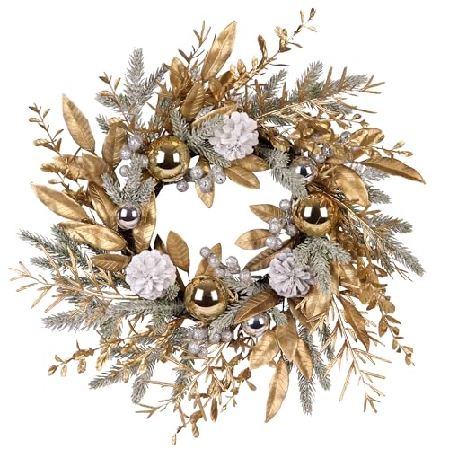 Zavothy Couronne de Noel 50 cm, Couronne de Noël Porte Artificielle avec Pommes de Pin et Boules de Noël, Couronne de l'Avent, Décoration de Noël, Doré