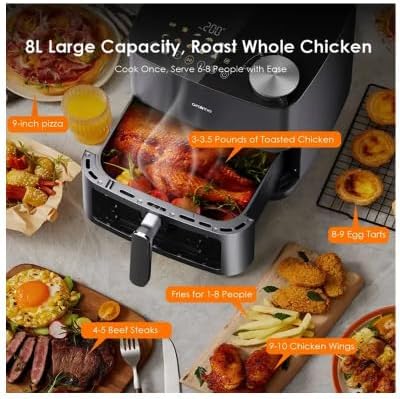 Oraimo Air Fryer showing 8L capacity with various foods