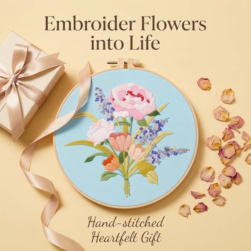 Image of Harimau Adult Beginner Embroidery Starter Kit, Complete Set with 4 Patterns, 2 Hoops, Needles, Scissors, Instruction Guide & Stitching Video Tutorials