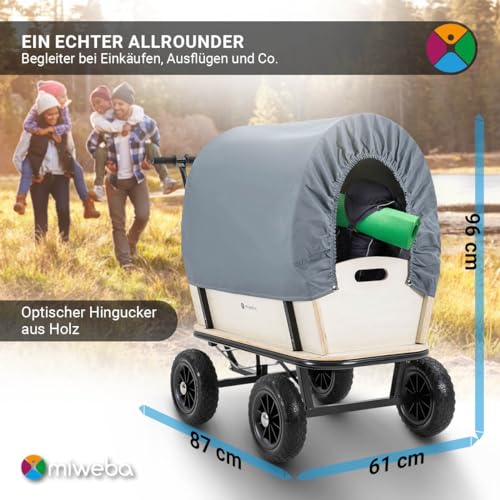 Miweba Bollerwagen Canvas mit Dach | 180 Kg Traglast - Kinderwagen - Transportwagen - Handwagen - Wagen Holz - Standwagen - Regenschutz - Plane abnehmbar - Gartenkarre - Holzwagen - Gerätewagen (Grau) – Bild 7