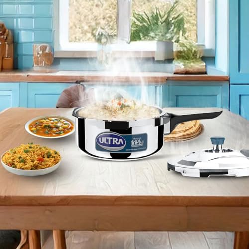 Image of ULTRA Duracook Triply 1.5 L Pressure Cooker | AISI 304 Food Grade Stainless Steel Cooker, Froth Collector, Solid Bakelite Handles, Induction Compatible, Broad Base, 5 Years Warranty