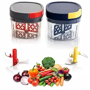 YAJNAS Premium Vegetable & Fruit Chopper/Cutter with Anti Slip Silicon Base Ring, Air Tight Lid, for Chopping, Mincing and Whisking with 4 SS Blades & 1 Plastic Whisker(Multicolor,Pack Of 2)(Size- 650ml)