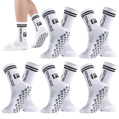Apricitie 6 Paare Fussball Socken Kinder Fußballsocken Anti Rutsch Grip Jungen Fußball Socken Rutschfeste Sportsocken für Fussball Basketball Laufen Rugby Tennis, 35-39, Weiß