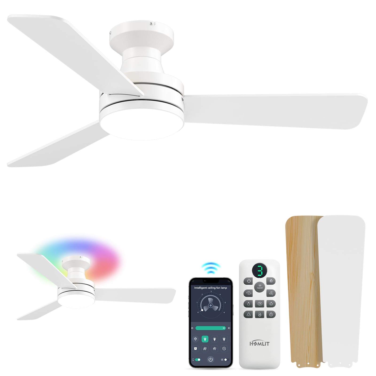 Photo 1 of Homlit 42 inch RGB Ceiling Fan with Light, Smart App & Remote Control Low Profile Flush Mount, Music Sync Lighting, 6-Speed Quiet Reversible DC Motor, 4CCT Dimmable for Home Office Party,White