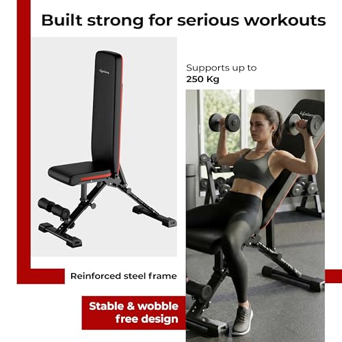 Image of Lifelong Strong Adjustable Foldable Gym Bench 3-in-1 Incline, Decline & Flat Weight Bench | Gym Equipment for Home Workout | Gym Bench for Dumbbell & Bench Press | 250 kg Capacity with Resistance Rope