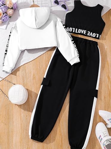 Image of Hilinker Girls 3 Piece Outfits Workout Crop Hoodie Tank Sweatpants