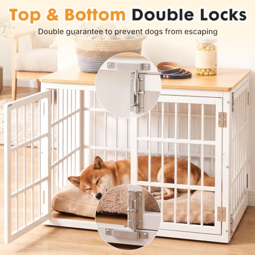 Image of NEWBULIG 42 Inch Dog Crate Furniture for Large Dogs, Space Saving Pet House End Table with Double Lock Door, Heavy Duty Indoor Kennel for Living Room, White & Wood