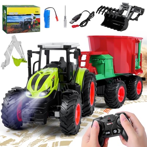 Charmofun Ferngesteuerter Traktor, RC Traktor Spielzeug mit Mixer und Licht, 2.4GHz Trecker mit Anhänger, Trecker Ferngesteuert Geschenke im Baustellen Thema für Kinder ab 3 4 5 6 Jahren