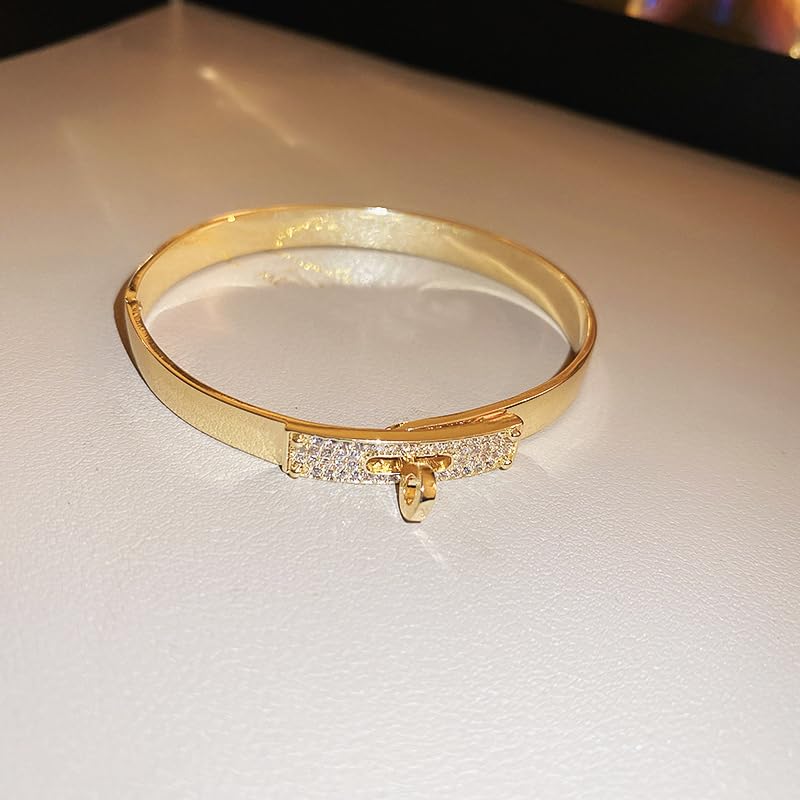 18K Gold Plated Turn Lock Bracelet with Cubic Zirconia，Classical Fashion Stainless Steel Bangle Bracelet for Men and Womens4
