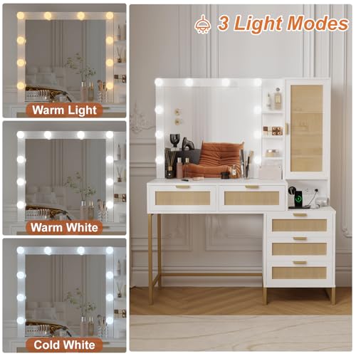 GarveeHome Vanity Desk with Mirror, 10 LED Bulbs and Power Outlet Makeup Vanity Table with 5 Drawers, 4 Storage Open Shelves and 4 Storage Shelves Cabinet Dressing Table for Bedroom Dressing Room