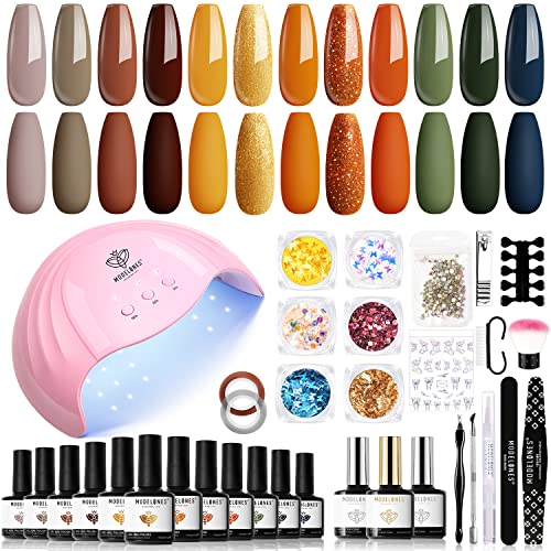 modelones 35 Pcs Fall Gel Nail Polish Kit with U V Light 48W dryer Lamp, 12 Colors Orange brown Gel Manicure Kit Base&Top Coat Nail Glitters Striping Tools Salon DIY Home Decoration Gift