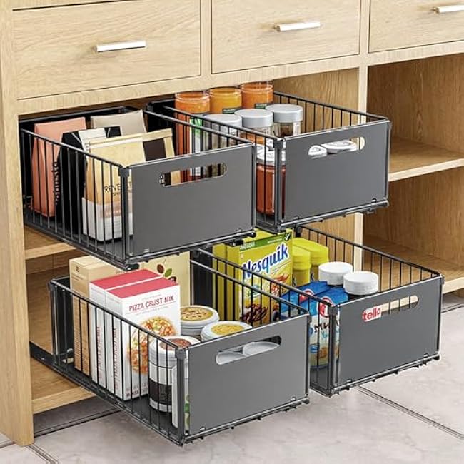 4Pack Foldable Pull Out Cabinet Organizer, Slide Out Cabinet Organizer for Kitchen, Pull Out Drawers for Cabinets, Roll Out Shelf Storage Fixed with Adhesive Nano Film (4 Pack Large)