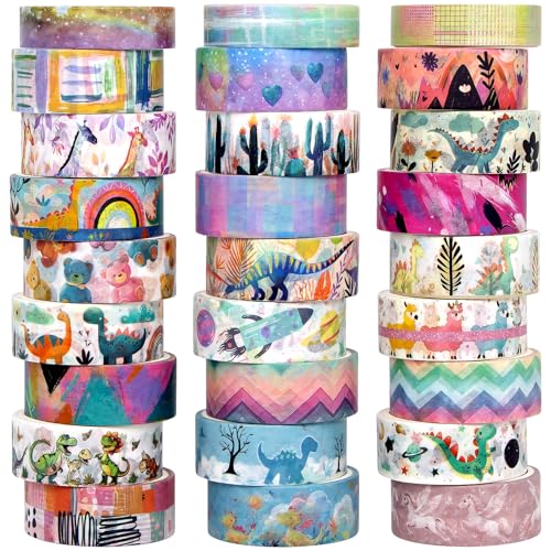 Jniseger Washi Tape 27 rollos de cinta adhesiva decorativa lindo dinosaurio colorido para niños, cinta adhesiva para periódicos, accesorios de álbumes de recortes, manualidades, periódicos