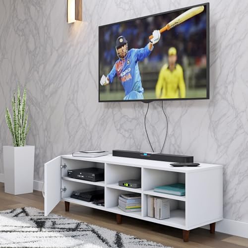 Image of VIKI Modern TV Unit for Living Room | Engineered Wood TV Cabinet with 1 Door Storage & 2 Open Shelves, Set Top Box Stand, Entertainment Unit, 140W x 48H x 40D cm | DIY | 1 Year Warranty (White)