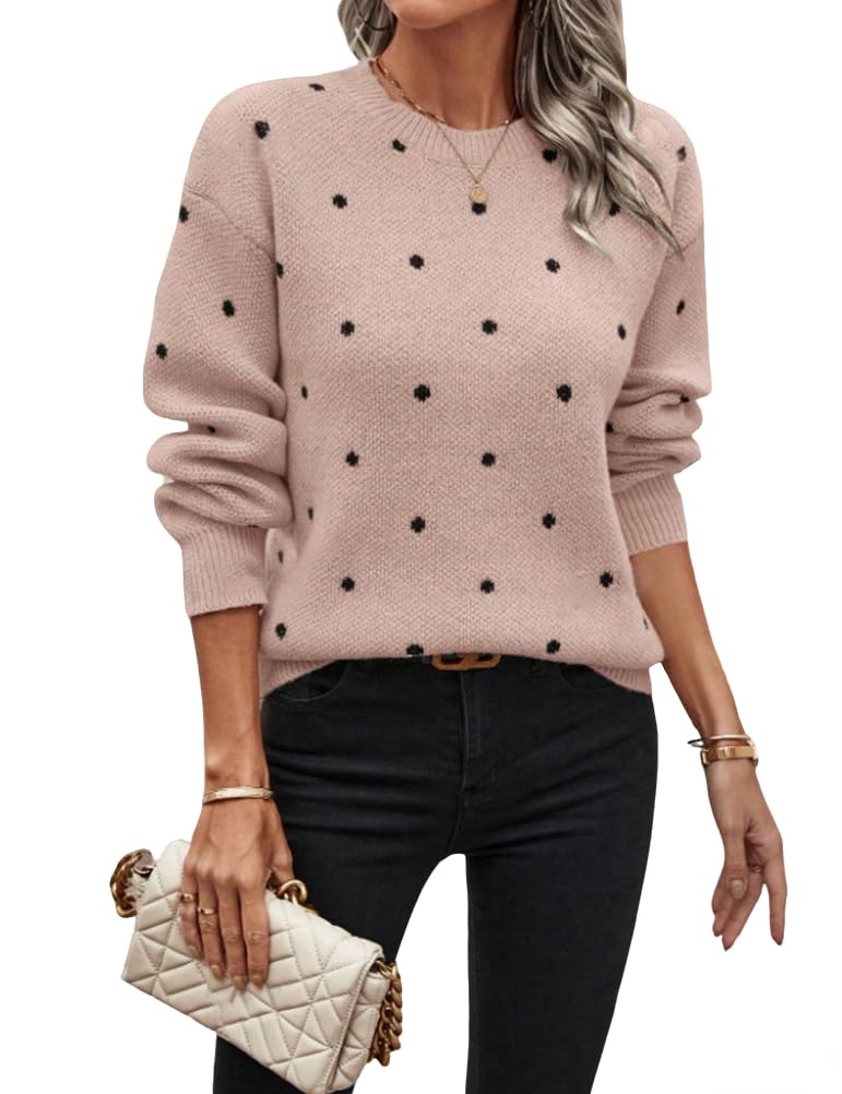 IDEALSANXUN Womens Polka Dot Sweater Fall Winter Crewneck Cute Long Sleeve Pullover Sweaters