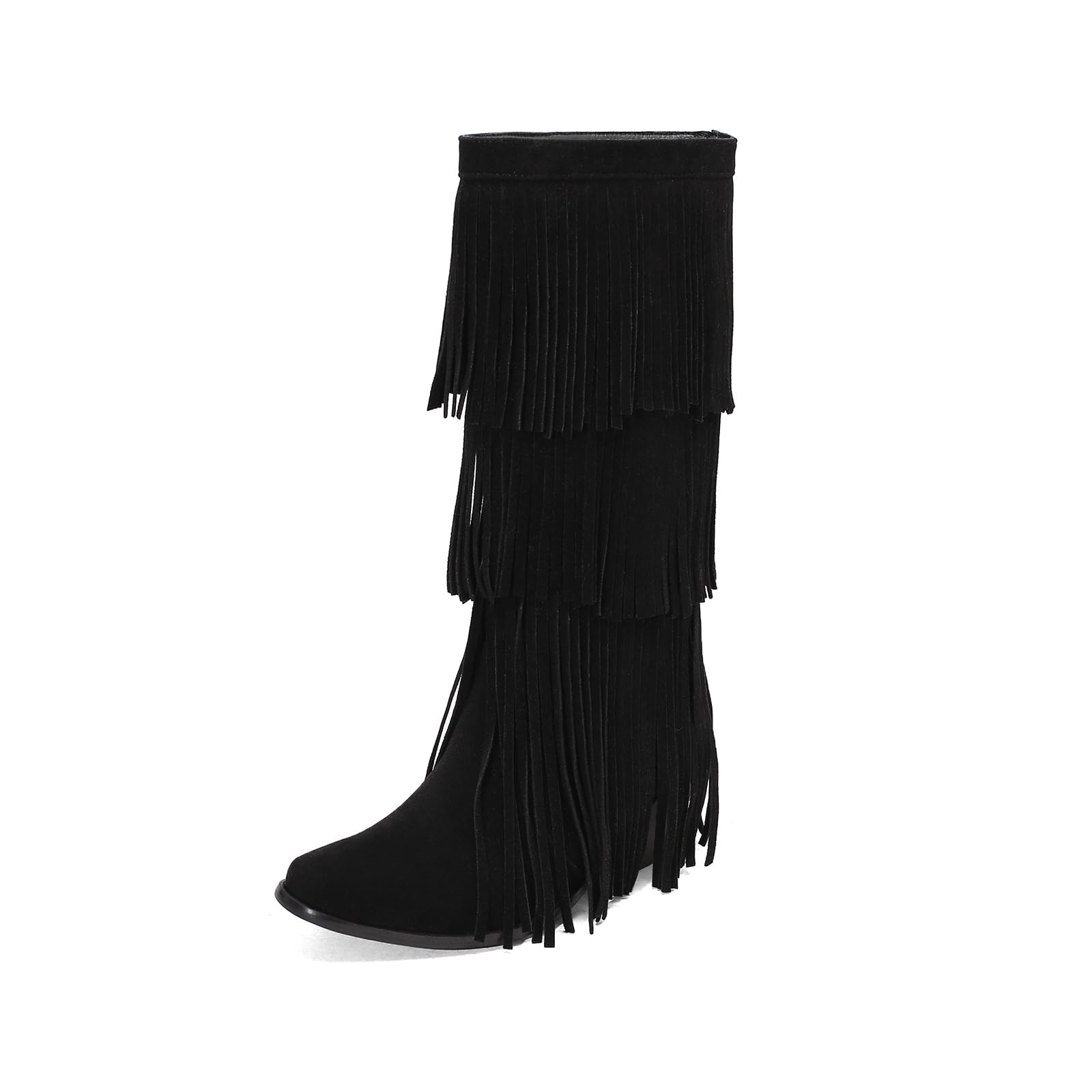 Fringe Boots Women Pink Suede Knee High Western Boots with Tassel Layer Pointed Toe Fashion Slip On shoes