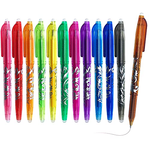 DxJ Erasable Gel Pens - 12pcs Heat Erase Pens for Fabric,0.5mm Fine Point Rolling Ball Pen,Assorted Color Inks for Drawing Writing,Gel Ink Rollerball Pens for Kid Students Adults