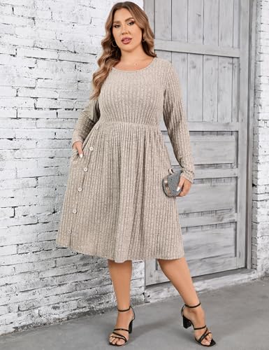 Image of Women's Plus Size Casual Sweater Dress Square Neck Long Lantern Sleeve Tie Waist Loose Pullover Sweater Dresses