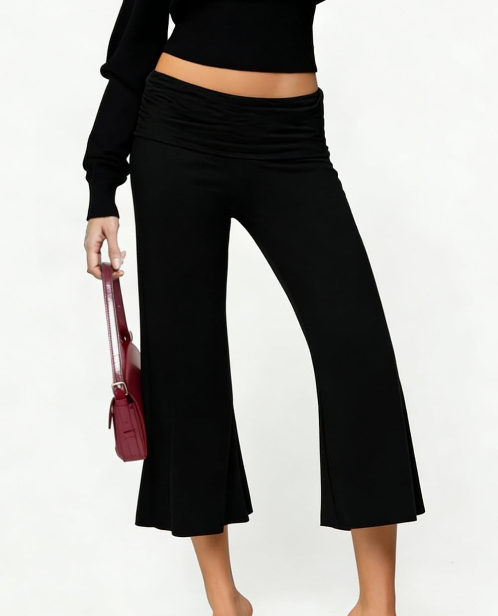Juakoso Women Fold Over Capri Pants Low Rise Wide Leg Gaucho Pants Summer Casual Cropped Yoga Culottes Pajama Bottoms