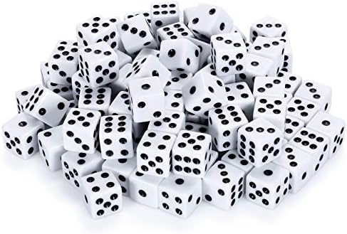 50 or 100 Pack of Bulk Six Sided Dice|D6 Standard 16mm|Great for Board Games, Casino Games & Tabletop RPGs| White- 100 Count