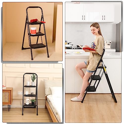 Double Elite Step Ladder 3 Step Folding with Handgrip, Heavy Duty 440Lbs Load Step Stools for Adults, Safer Step Ladder for Home/Kitchen, Small Foldable Step Stool with Anti-Slip Wide Pedals, Black